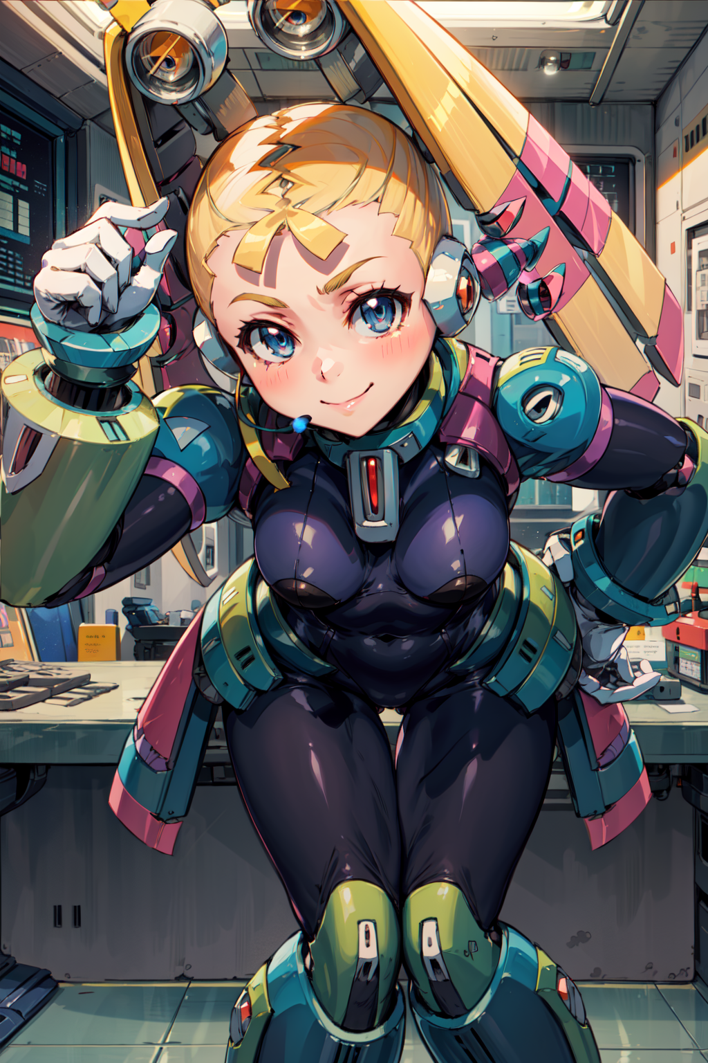 masterpiece,best quality,1girl,pallette_megamanx,blonde hair,long hair,blue eyes,android,robot ears,twintails,small breast...